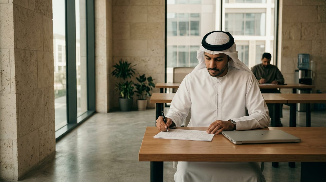 A professional in modern Gulf business attire writing in a ledger at his desk, laptop closed beside him, a colleague working at another desk in the background.