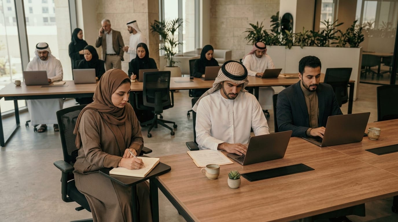 An open-plan office where several colleagues in Gulf business attire work at laptops around shared tables.